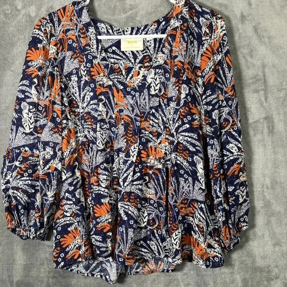 Anthropologie Maeve Cathy Size Small Pleated Blouse Monkey Print Botanical Boho - Picture 1 of 8